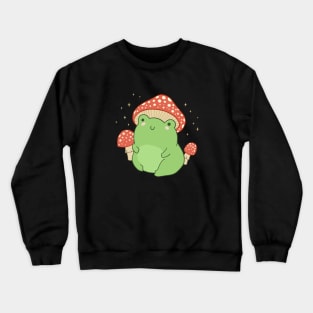 Cute Green Frog in Toadstool Hat, Chubby Cottagecore Aesthetic Frogge Crewneck Sweatshirt